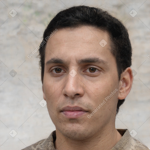 Neutral white young-adult male with short  black hair and brown eyes