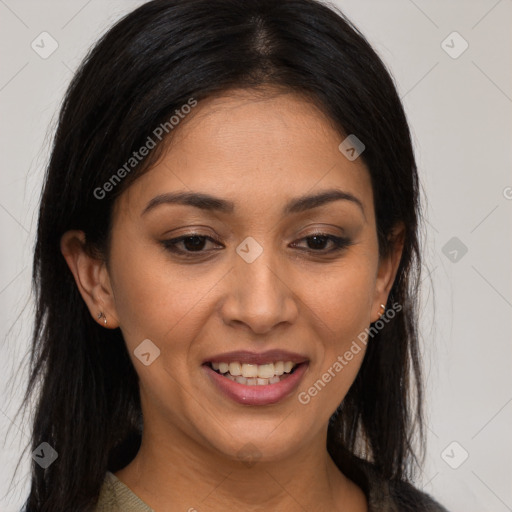 Joyful latino young-adult female with long  brown hair and brown eyes