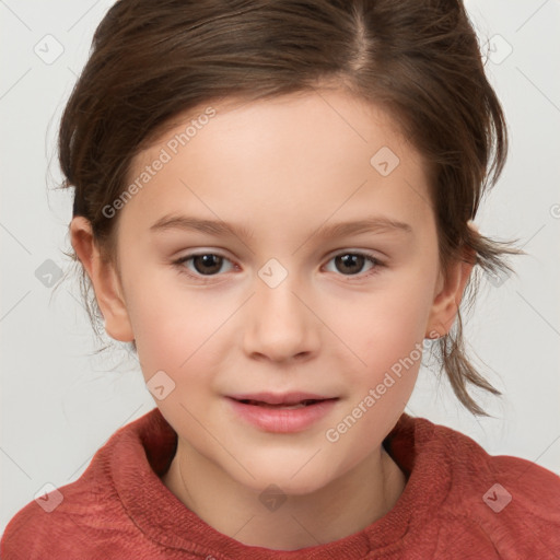 Joyful white child female with medium  brown hair and brown eyes