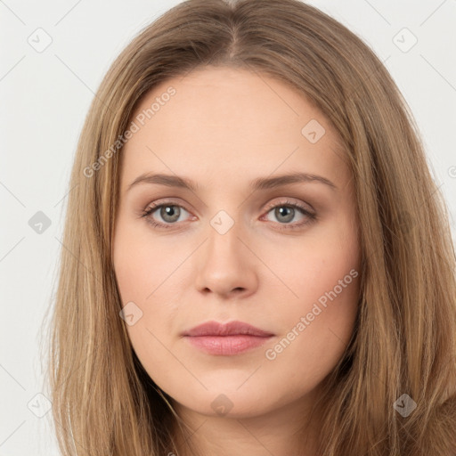 Neutral white young-adult female with long  brown hair and brown eyes