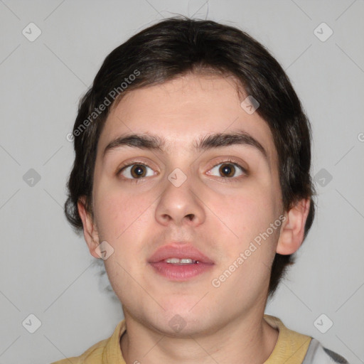 Neutral white young-adult male with short  brown hair and brown eyes