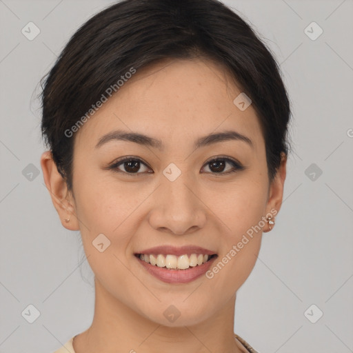 Joyful asian young-adult female with short  brown hair and brown eyes