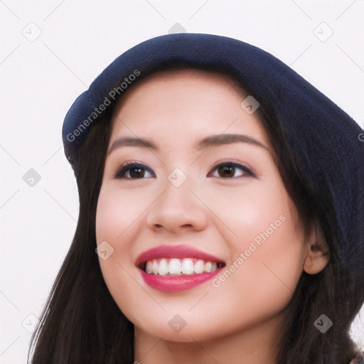 Joyful white young-adult female with long  black hair and brown eyes