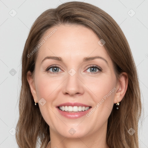 Joyful white young-adult female with long  brown hair and grey eyes