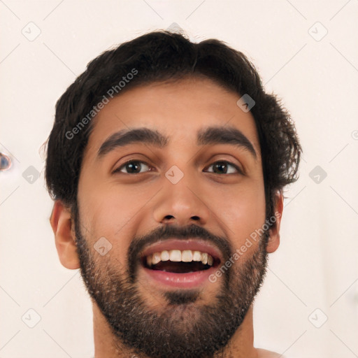 Joyful latino young-adult male with short  black hair and brown eyes