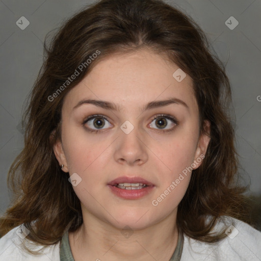 Neutral white young-adult female with medium  brown hair and brown eyes