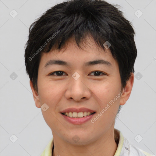 Joyful asian young-adult female with short  brown hair and brown eyes