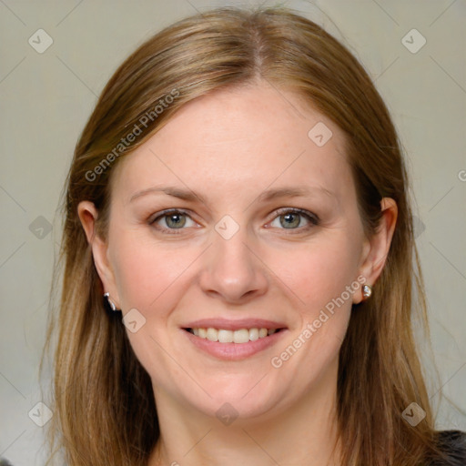 Joyful white young-adult female with medium  brown hair and blue eyes