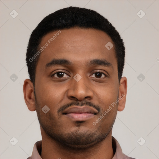 Neutral latino young-adult male with short  brown hair and brown eyes