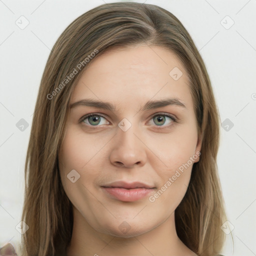 Joyful white young-adult female with long  brown hair and green eyes