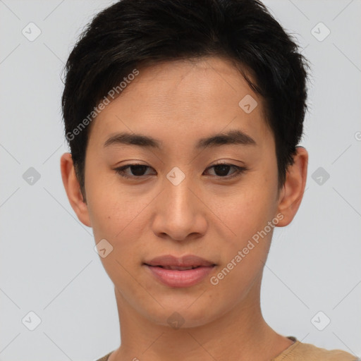 Joyful asian young-adult female with short  brown hair and brown eyes