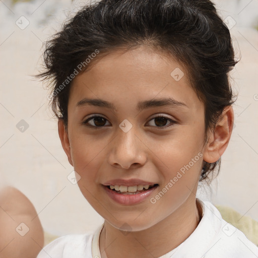 Joyful white child female with short  brown hair and brown eyes