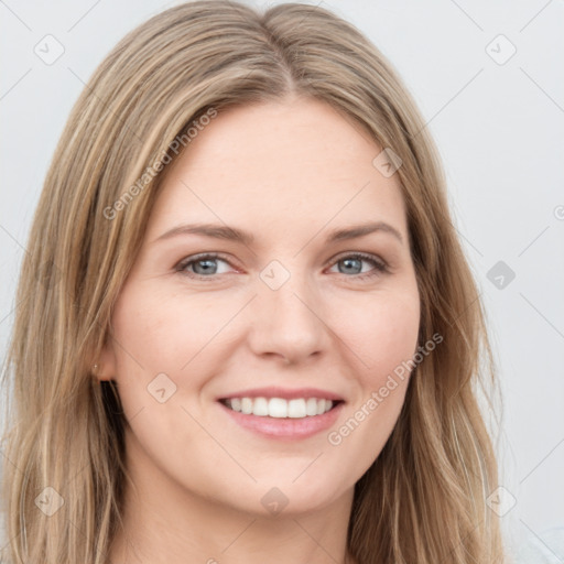 Joyful white young-adult female with long  brown hair and green eyes