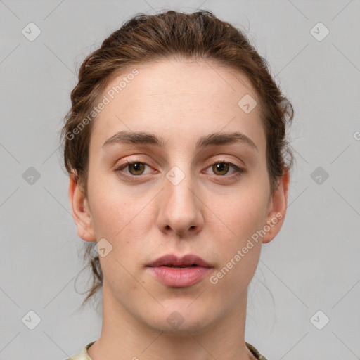 Neutral white young-adult female with medium  brown hair and grey eyes