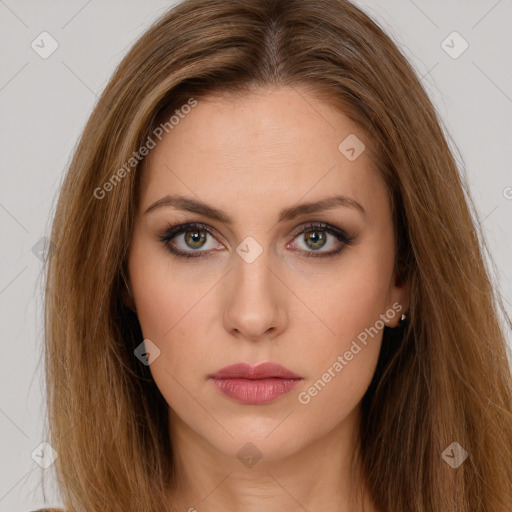 Neutral white young-adult female with long  brown hair and brown eyes