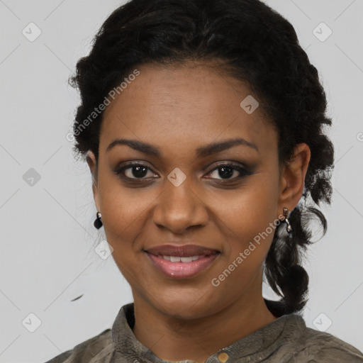 Joyful black young-adult female with medium  black hair and brown eyes