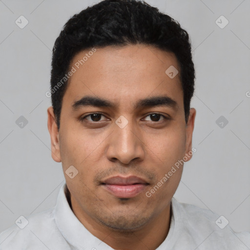 Neutral latino young-adult male with short  black hair and brown eyes