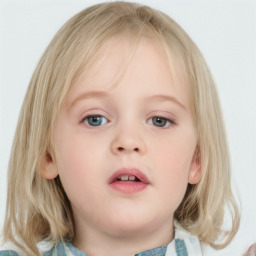 Neutral white child female with medium  brown hair and blue eyes