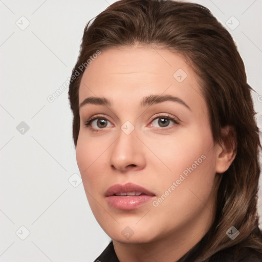 Neutral white young-adult female with medium  brown hair and brown eyes