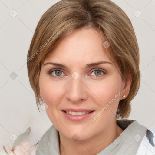 Joyful white young-adult female with medium  brown hair and blue eyes