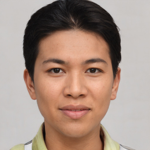 Joyful asian young-adult male with short  brown hair and brown eyes