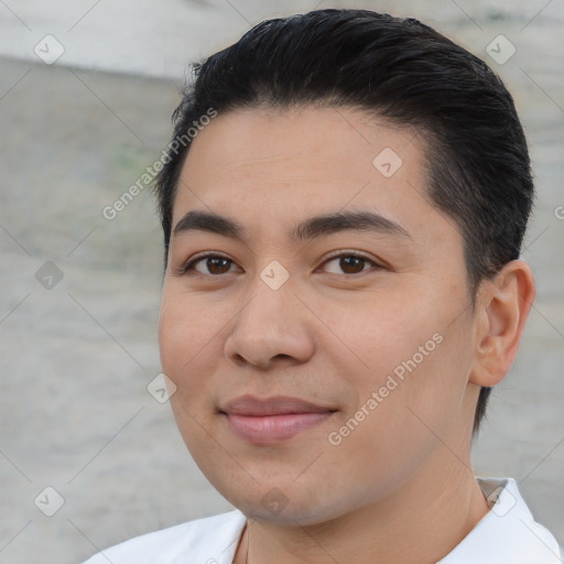 Joyful white young-adult male with short  black hair and brown eyes