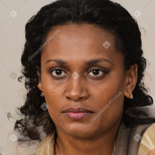 Neutral black young-adult female with medium  brown hair and brown eyes