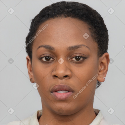 Neutral black young-adult female with short  brown hair and brown eyes