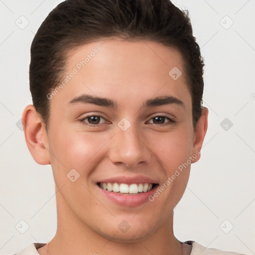 Joyful white young-adult female with short  brown hair and brown eyes