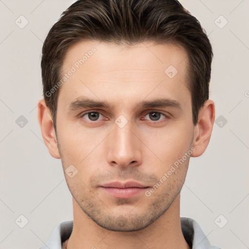 Neutral white young-adult male with short  brown hair and brown eyes