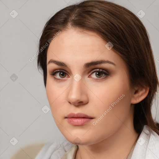 Neutral white young-adult female with medium  brown hair and brown eyes