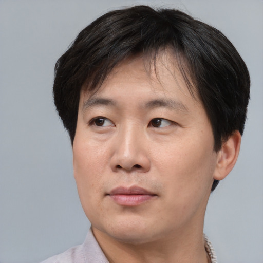 Neutral asian adult male with short  brown hair and brown eyes