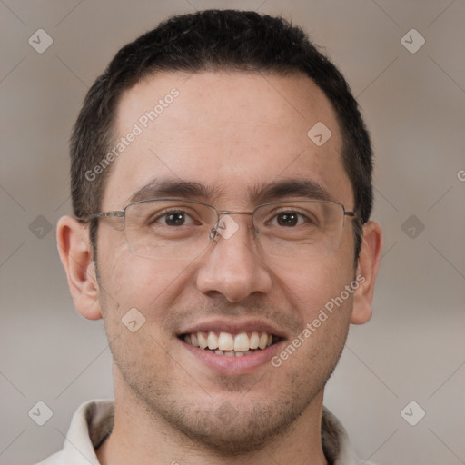 Joyful white young-adult male with short  brown hair and brown eyes