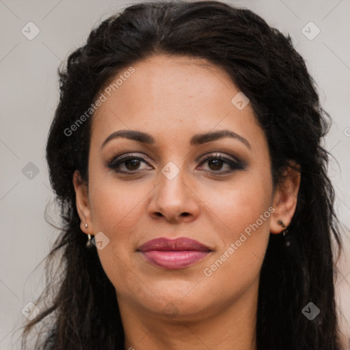 Joyful latino young-adult female with long  brown hair and brown eyes