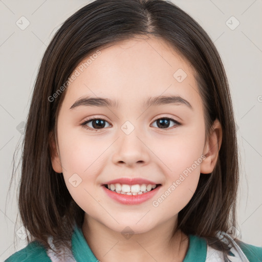 Joyful white child female with medium  brown hair and brown eyes