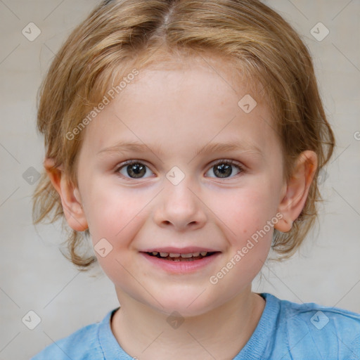 Joyful white child female with medium  brown hair and brown eyes