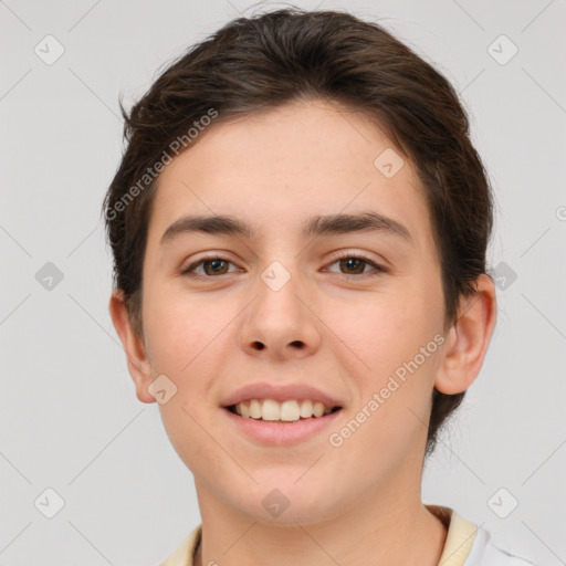 Joyful white young-adult female with short  brown hair and brown eyes