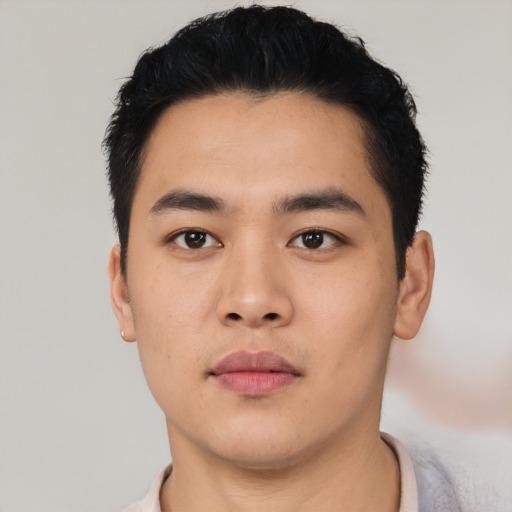 Neutral asian young-adult male with short  black hair and brown eyes