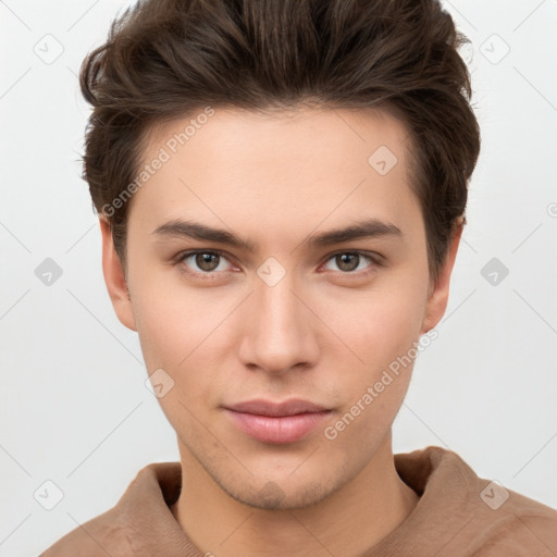 Neutral white young-adult male with short  brown hair and brown eyes