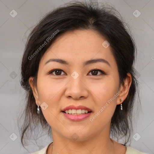 Joyful white young-adult female with medium  brown hair and brown eyes