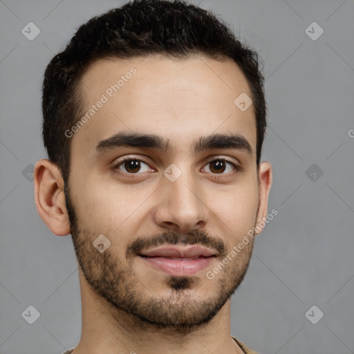 Neutral white young-adult male with short  brown hair and brown eyes