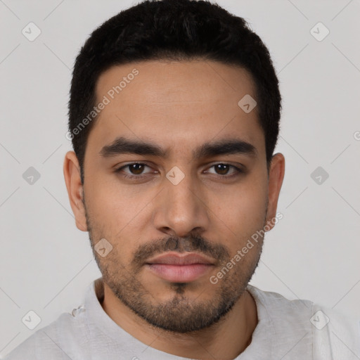 Neutral latino young-adult male with short  black hair and brown eyes