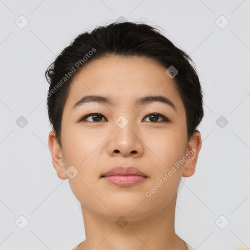 Neutral asian young-adult female with short  brown hair and brown eyes