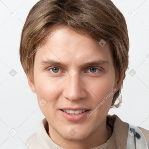 Joyful white young-adult female with short  brown hair and grey eyes