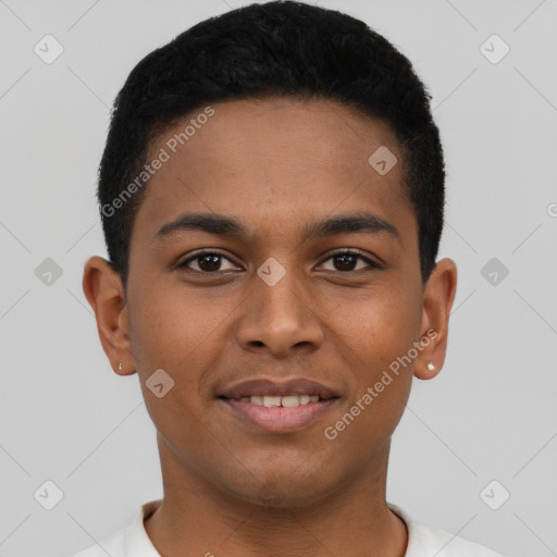 Joyful latino young-adult male with short  brown hair and brown eyes