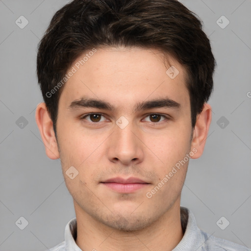 Neutral white young-adult male with short  brown hair and brown eyes