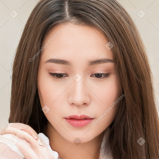 Neutral white young-adult female with long  brown hair and brown eyes