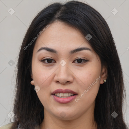 Joyful white young-adult female with long  brown hair and brown eyes