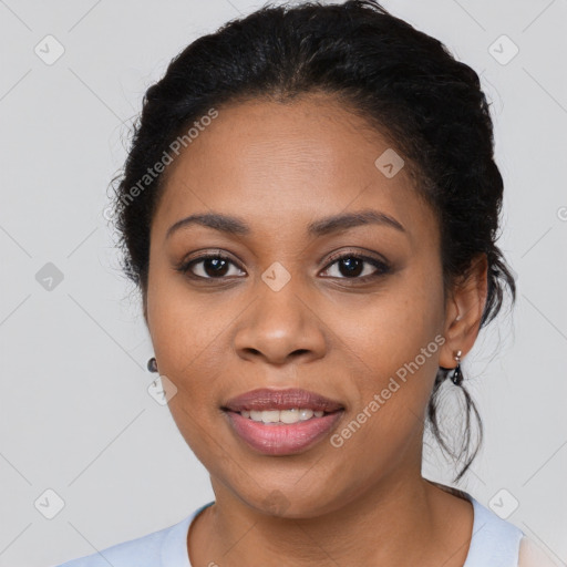 Joyful latino young-adult female with medium  black hair and brown eyes