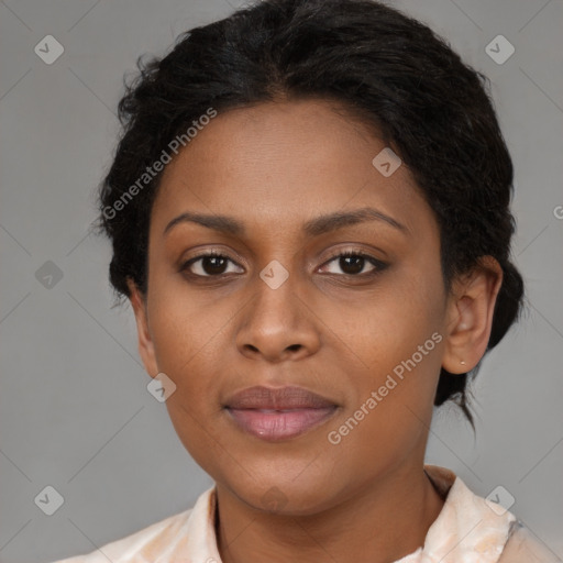 Joyful black young-adult female with medium  brown hair and brown eyes